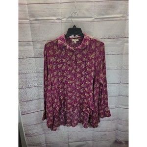 Umgee Dark Pink Floral Print Button Down, Layered Relaxed Fit Blouse, Size Med